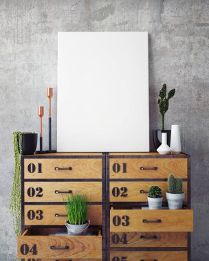 poster çerçevesi içinde yenilikçi iç geçmiş, 3d render kadar alay