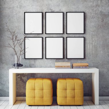 poster çerçevesi içinde yenilikçi iç geçmiş, 3d render kadar alay