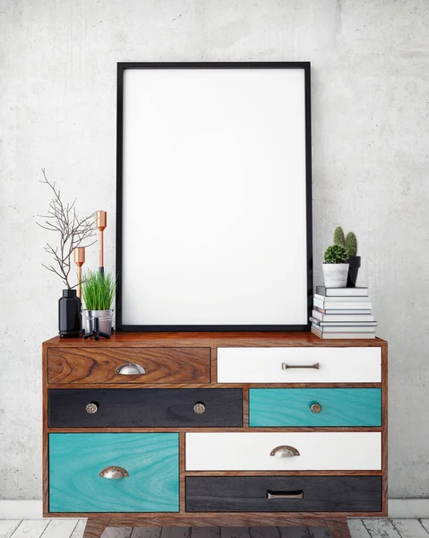 Mock up poster frame in hipster interieur hintergrund, 3d render — Stockfoto