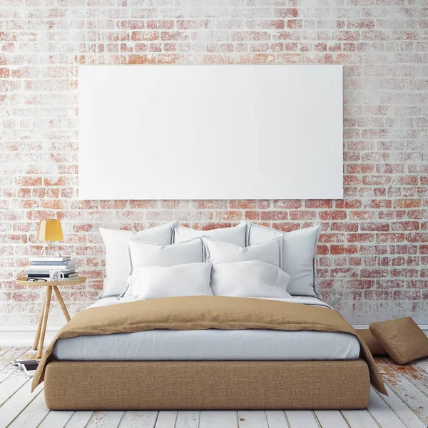 Mock up blank poster on the wall of bedroom, 3D illustration — Stock Photo, Image