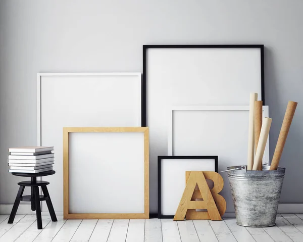 Maqueta de marco de póster en fondo interior hipster, 3D render — Foto de Stock