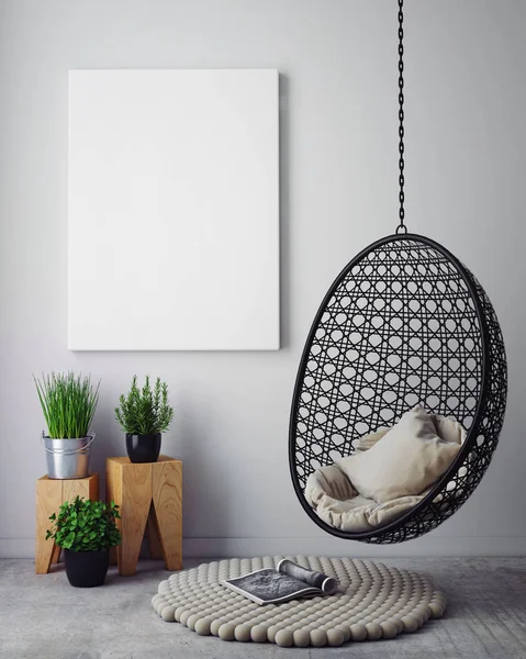 mock up poster frame in hipster interior background, 3D render