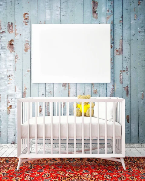 Κρεβάτι μωρού με mock up αφίσα, hipster σχεδιασμός, 3d απεικόνιση — Φωτογραφία Αρχείου