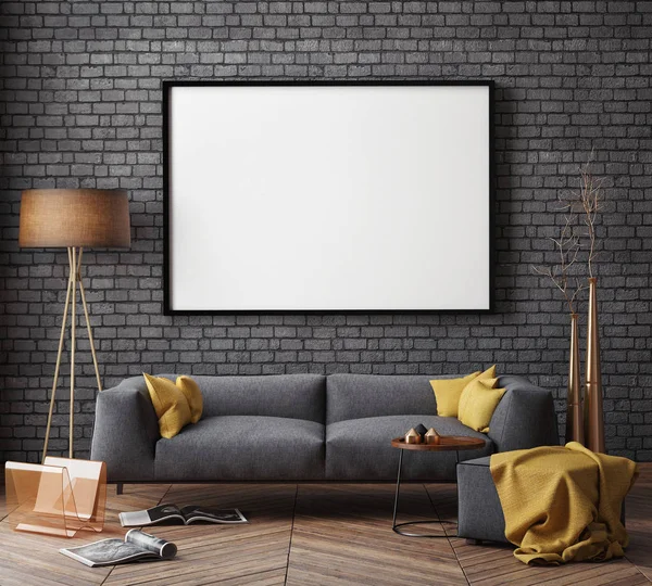 Mock up poster frame in hipster interieur hintergrund, 3d render — Stockfoto