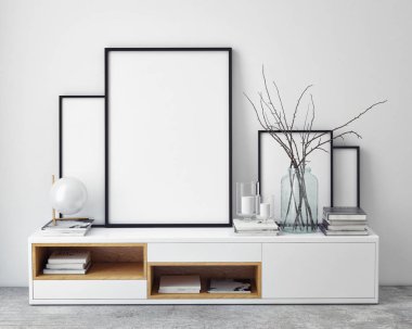 poster çerçevesi hipster iç arka plan, İskandinav tarzı, 3d render kadar alay
