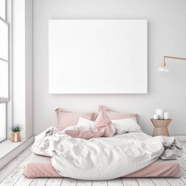 poster çerçevesi hipster bedromm iç arka plan, İskandinav tarzı, 3d render kadar alay