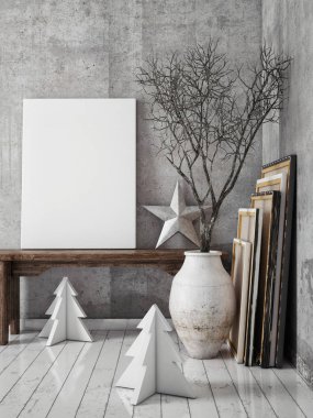 poster çerçevesi hipster iç arka plan, İskandinav tarzı, 3d render kadar alay