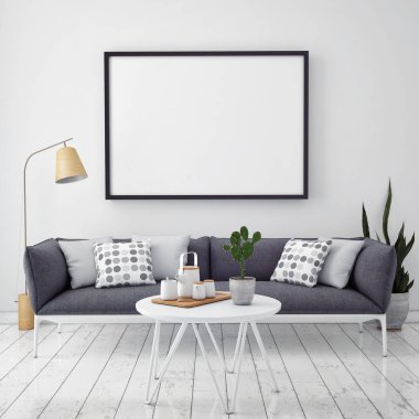 poster çerçevesi hipster iç arka plan, İskandinav tarzı, 3d render kadar alay