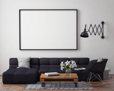 poster çerçevesi hipster iç arka plan, İskandinav tarzı, 3d render kadar alay