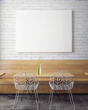 posterler retro hipster Cafe Restoran iç arka plan, 3d çizim ile alay