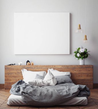 poster çerçevesi hipster bedromm iç arka plan, İskandinav tarzı, 3d render kadar alay