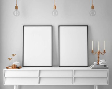 poster çerçevesi hipster iç arka plan, İskandinav tarzı, 3d render kadar alay