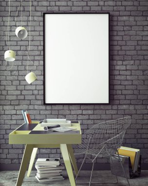 poster çerçevesi hipster iç arka plan, İskandinav tarzı, 3d render kadar alay