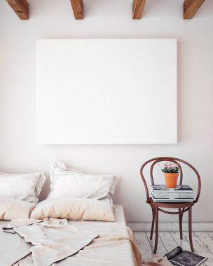 poster çerçevesi hipster bedromm iç arka plan, İskandinav tarzı, 3d render kadar alay