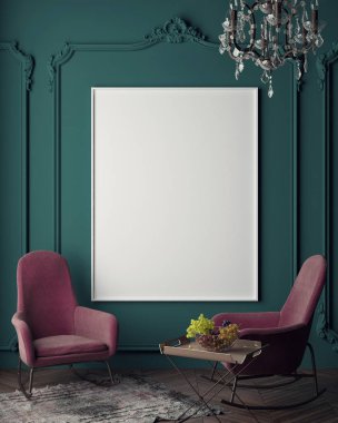 poster çerçevesi hipster iç arka plan, İskandinav tarzı, 3d render kadar alay