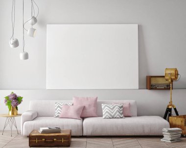 poster çerçevesi hipster iç arka plan, İskandinav tarzı, 3d render kadar alay