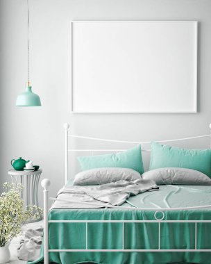 poster çerçevesi hipster bedromm iç arka plan, İskandinav tarzı, 3d render kadar alay