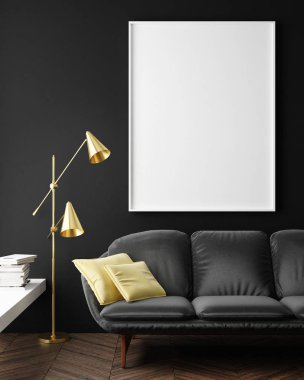 Boş poster hipster oturma odası, 3d render duvarına kadar alay