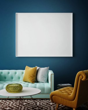 Boş poster hipster oturma odası, 3d render duvarına kadar alay