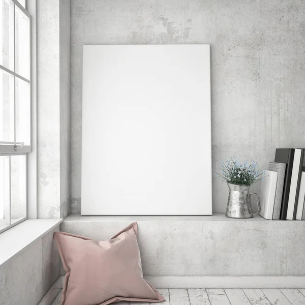 Vysmívat se rámeček a v interiéru pozadí bokovky, skandinávský styl, 3d vykreslení — Stock fotografie