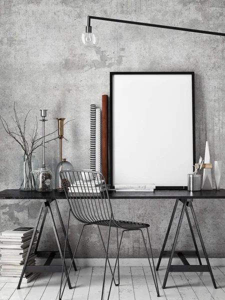Mock up poster frame in hipster interior background, scandinavian style, 3D render — Stock Photo, Image