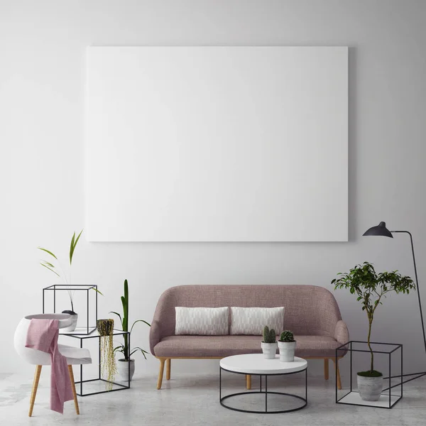 Mock up verlichte wissellijst in hipster interieur achtergrond, Scandinavische stijl, 3d render — Stockfoto