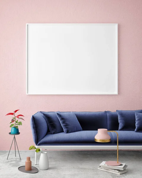 Mock up blank poster on the wall of hipster living room, 3D rendering — Stock Photo, Image