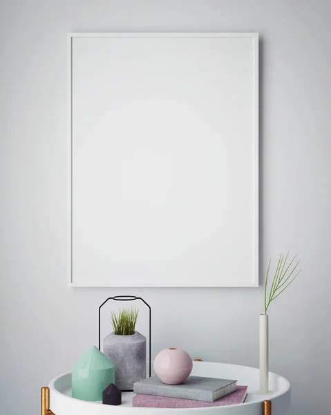 Simular cartel en blanco en la pared de la sala de estar hipster, representación 3D —  Fotos de Stock
