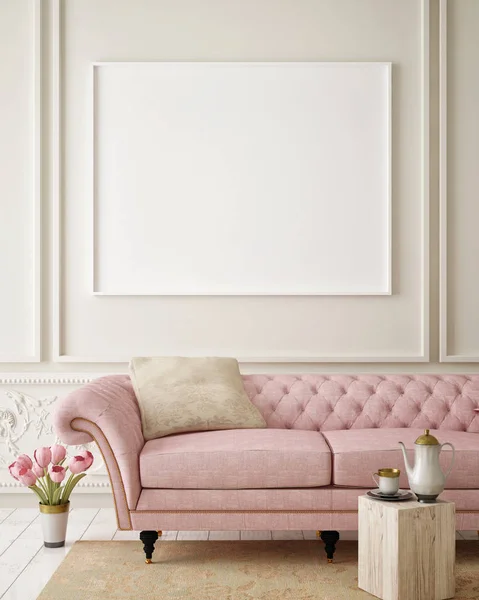 Simular cartel en blanco en la pared de la sala de estar hipster, representación 3D — Foto de Stock