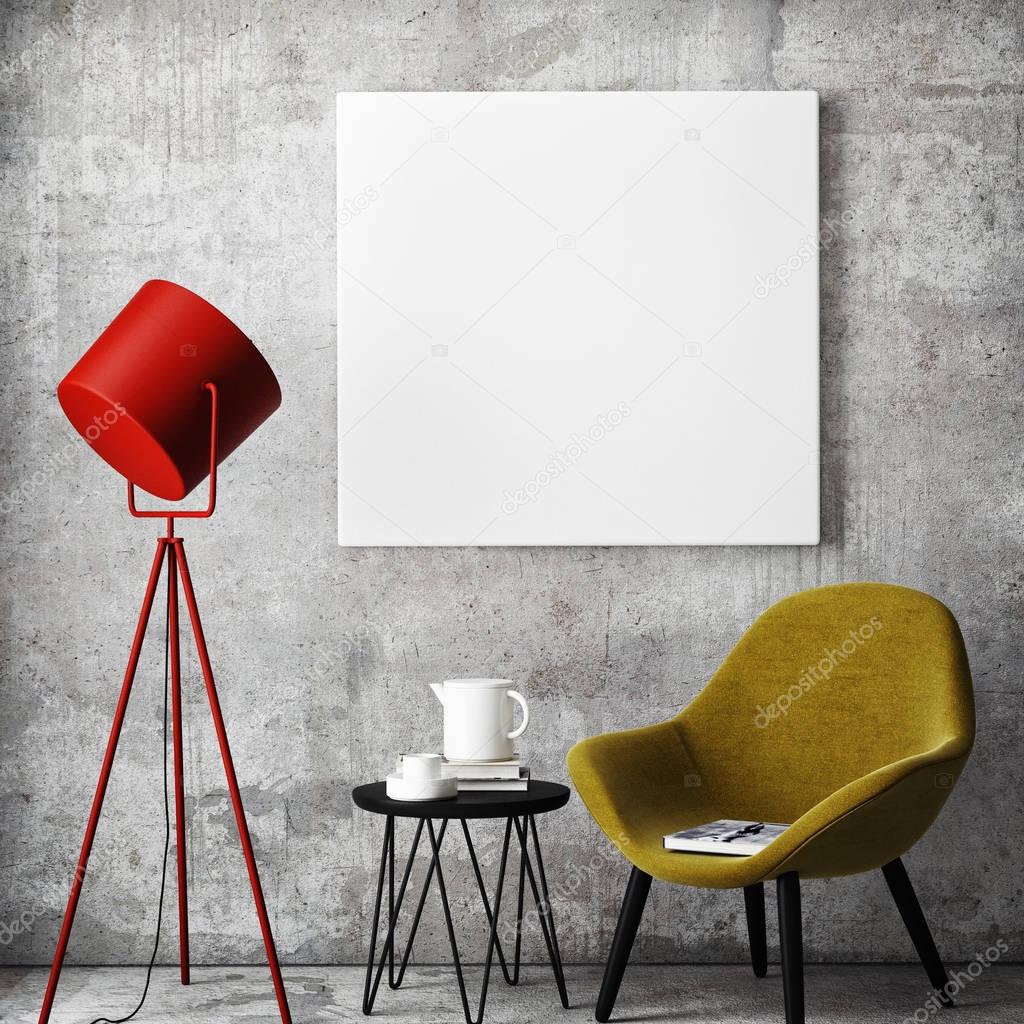 mock up poster frame in hipster interior background, scandinavian style, 3D render