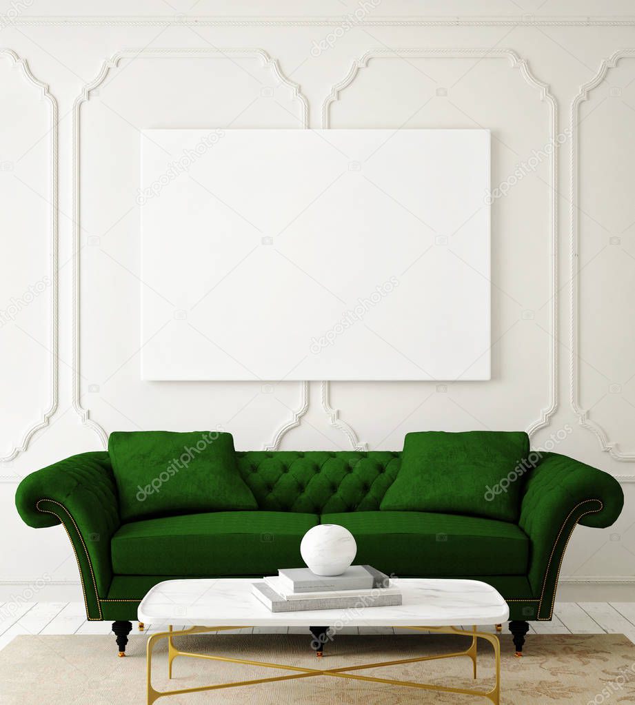 mock up blank poster on the wall of hipster living room, 3D rendering