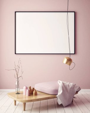 Boş poster hipster oturma odası, 3d render duvarına kadar alay