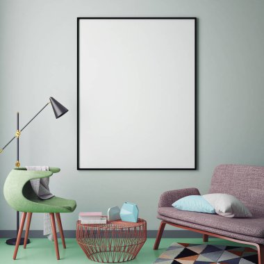 poster çerçevesi hipster iç arka plan, İskandinav tarzı, 3d render kadar alay