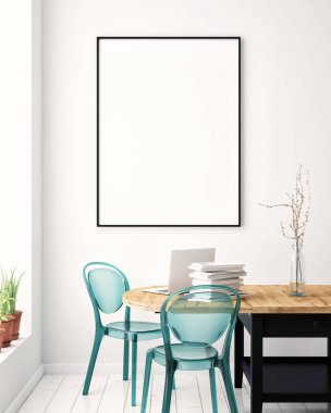 poster çerçevesi hipster iç arka plan, İskandinav tarzı, 3d render kadar alay