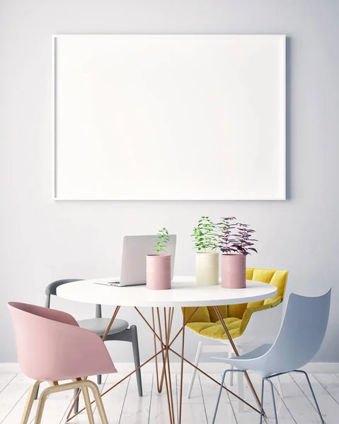 Simular cartel en blanco en la pared de la sala de estar hipster, representación 3D — Foto de Stock