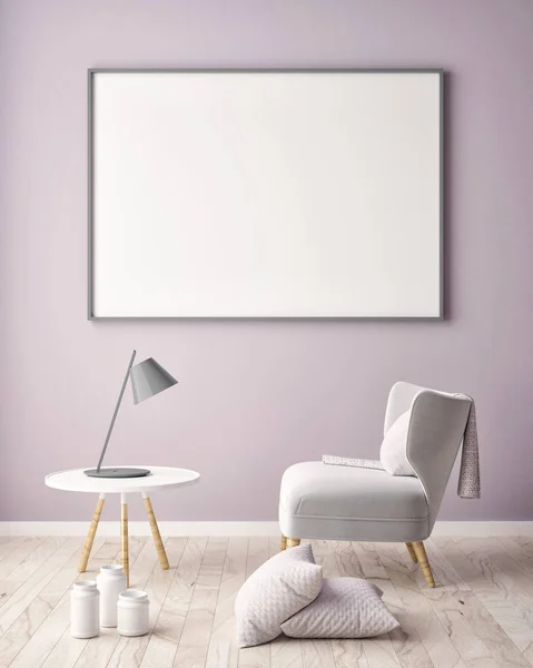 Mock up poster frame in hipster interior background, scandinavian style, 3D render — Stock Photo, Image