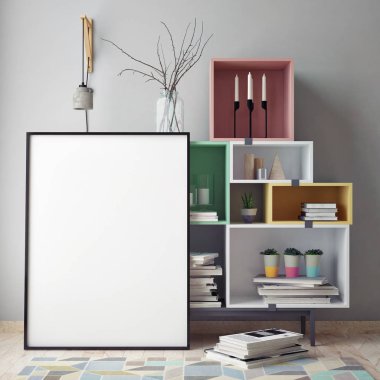 poster çerçevesi hipster iç arka plan, İskandinav tarzı, 3d render kadar alay