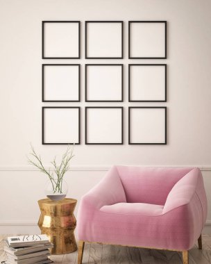 poster çerçevesi hipster iç arka plan, İskandinav tarzı, 3d render kadar alay