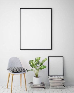 poster çerçevesi hipster iç arka plan, İskandinav tarzı, 3d render kadar alay