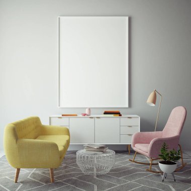 poster çerçevesi hipster iç arka plan, İskandinav tarzı, 3d render kadar alay