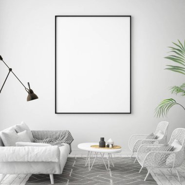 poster çerçevesi hipster iç arka plan, İskandinav tarzı, 3d render kadar alay