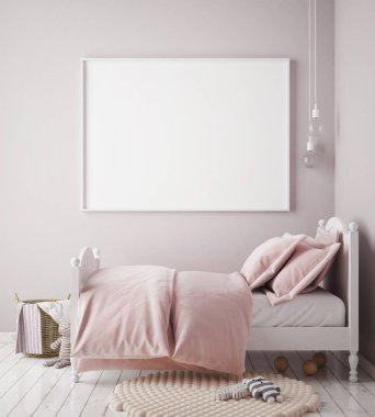 poster çerçevesi çocuk yatak odası, İskandinav tarzı iç arka plan, 3d render kadar alay
