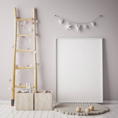 poster çerçevesi çocuk yatak odası, İskandinav tarzı iç arka plan, 3d render kadar alay