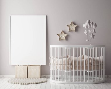 poster çerçevesi çocuk yatak odası, İskandinav tarzı iç arka plan, 3d render kadar alay