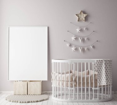 poster çerçevesi christamas dekorasyon, İskandinav tarzı iç arka plan, 3d render ile çocuk odasında alay