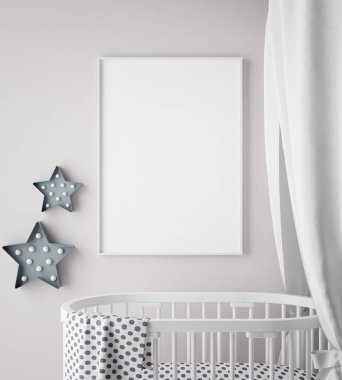 poster çerçevesi çocuk yatak odası, İskandinav tarzı iç arka plan, 3d render kadar alay