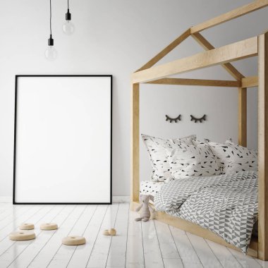 poster çerçevesi çocuk yatak odası, İskandinav tarzı iç arka plan, 3d render kadar alay