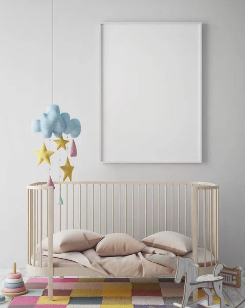 Marco del cartel de la maqueta en el dormitorio de los niños, fondo interior de estilo escandinavo, 3D render — Foto de Stock