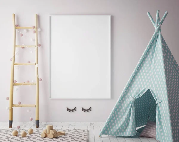 Makiety ramkę plakatu w sypialni dzieci, styl skandynawski wnętrza tła, 3d render — Zdjęcie stockowe