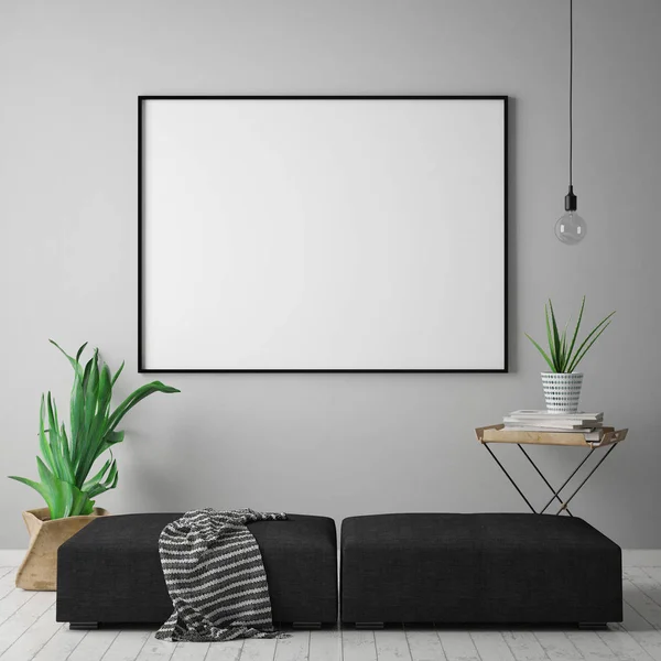 Mock up verlichte wissellijst in hipster interieur achtergrond, Scandinavische stijl, 3d render — Stockfoto